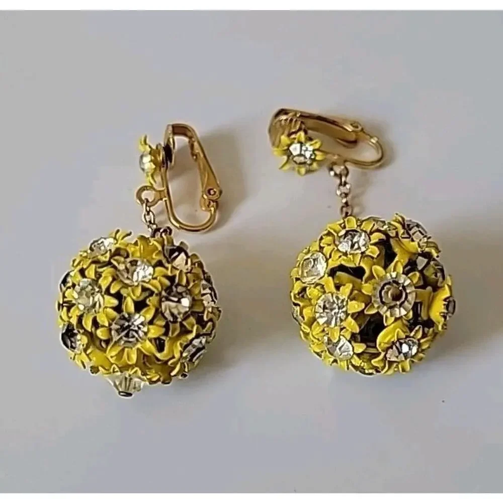 Vintage 60s Yellow Enameled Filigree Globe Drop Clip‎ On Earrings Billie Eilish